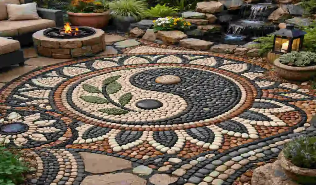pebble stone floor design backyard