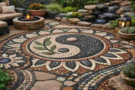pebble stone floor design backyard