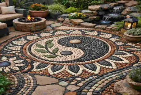 pebble stone floor design backyard