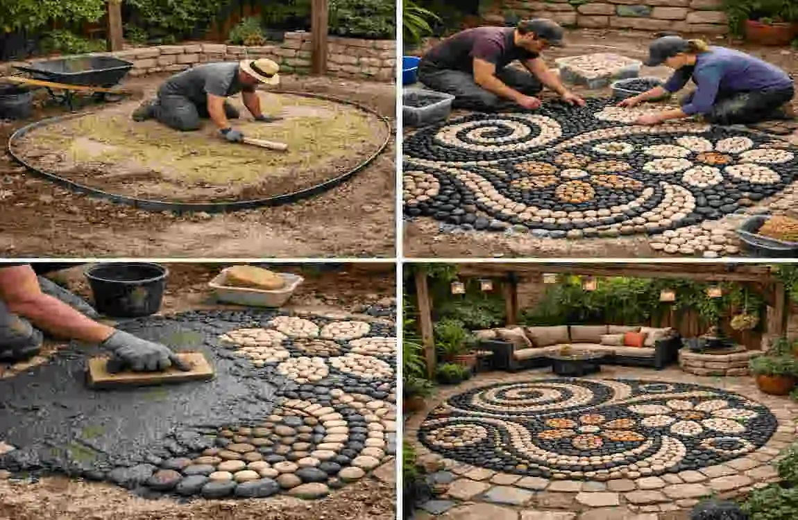 pebble stone floor design backyard