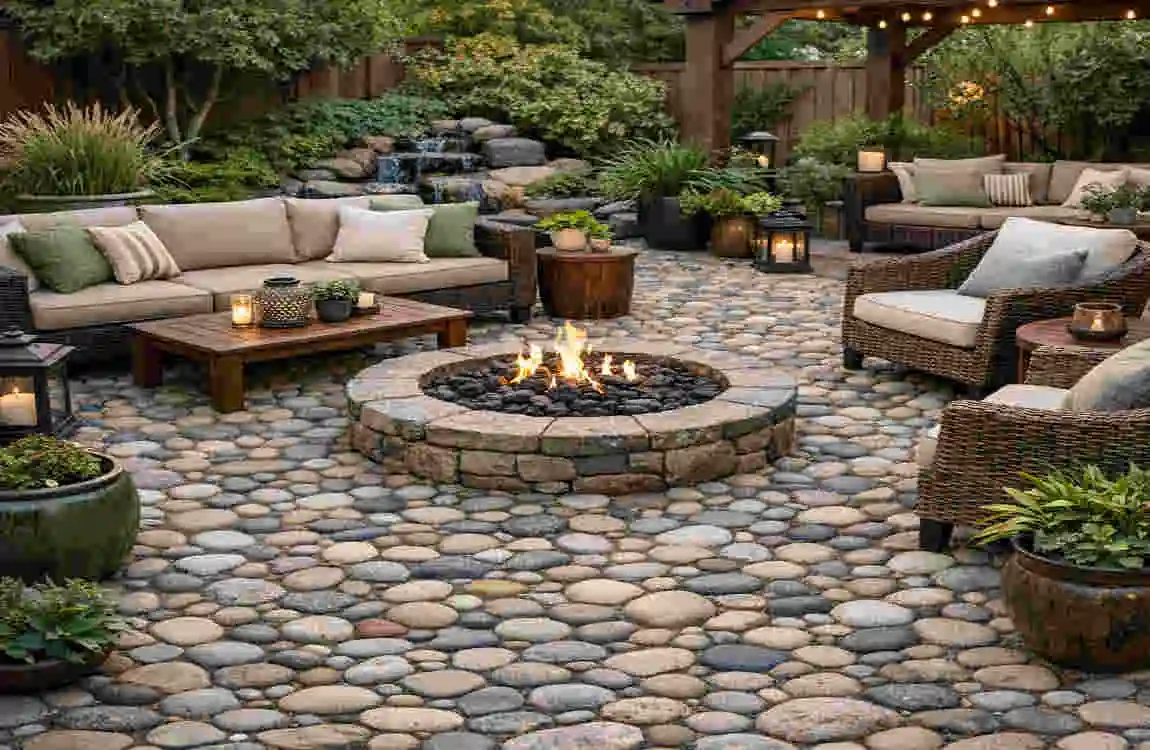 pebble stone floor design backyard